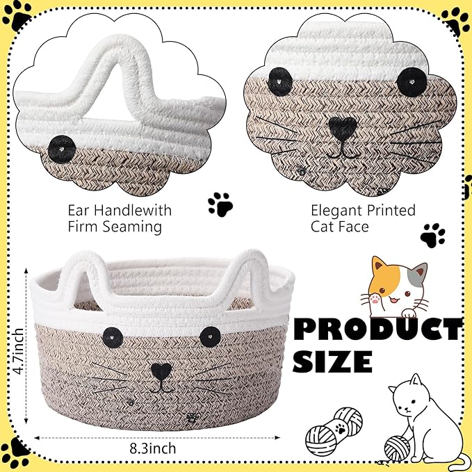 Zopeal Cat Basket Storage Woven Organizer with Ears Christmas Decorative Pet Toy Cute Cotton Rope Basket for Gift Cat Dog Toy Bin Nursery Room(8.3 x 4.7 Inch,Gradient Khaki)