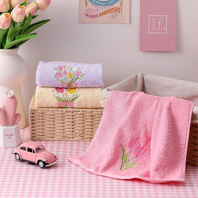 3 Pcs Tulips Bouquet Hand Towels Spring Pink Tulips Flower Bath Towels 14 x 29 Inch Floral Embroidered Decorative Cute Spring Summer Cotton Soft Absorbent Decor for Bathroom Kitchen Farmhouse