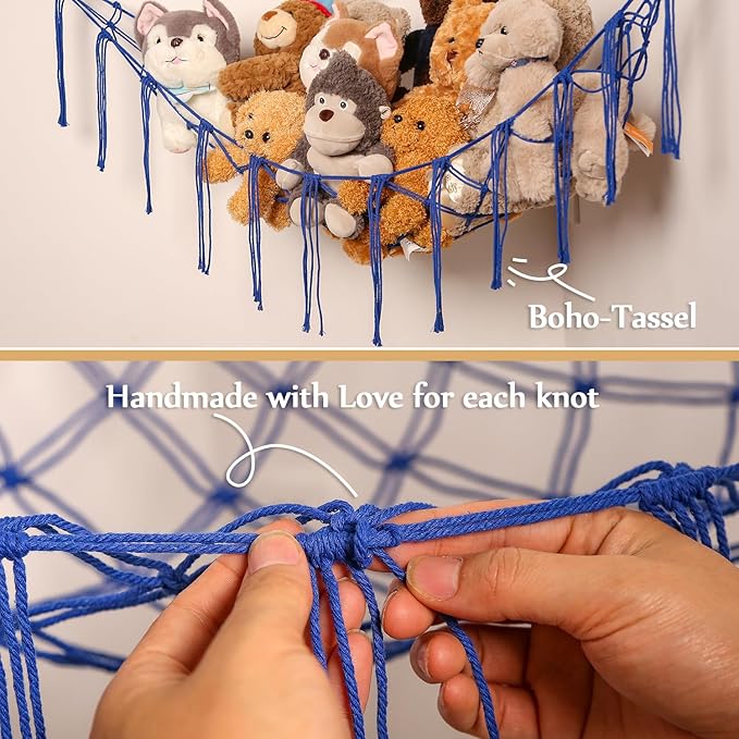Stuffed Animals Hammock Corner Hanging Net for Macrame Stuffed Animal Storage Plush Toy Holder Toy Organizer for Boho Nursery Playroom Bedroom Kids Room Decor (blue, Large)