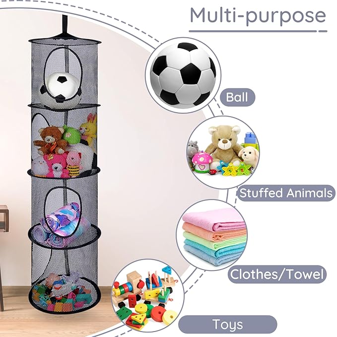 Basumee Stuffed Animals Net or Hammock 2 Pcs Stuffed Animals Storage Toy Net Hammock for Plushies Storage Organizer Mesh Kids Girls Room Decor, Black, 4 Tiers