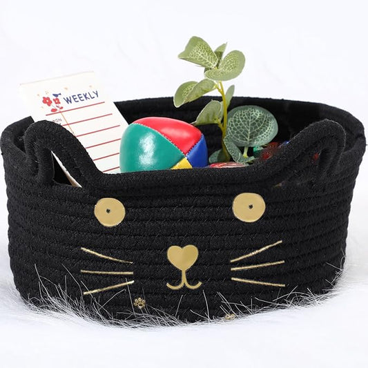 Zopeal Cat Basket Storage Woven Organizer with Ears Christmas Decorative Pet Toy Cute Cotton Rope Basket for Gift Cat Dog Toy Bin Nursery Room(8.3 x 4.7 Inch,Black)