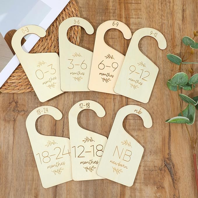 TIESOME 7 Pcs Baby Closet Size Dividers, Wooden Double-Sided Baby Clothes Separators for Closet for Newborn to 24 Months, Easy to Read Size Tabs for Nursery Closets Organization, Cute Hanger Decor