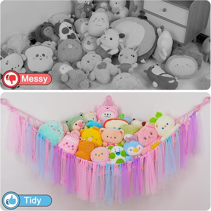FIOBEE Stuffed Animals Net or Hammock with LED Light, Toy Hammock Hanging Stuffed Animals Storage Organizer Holder Room Décor for Nursery Kids Bedroom
