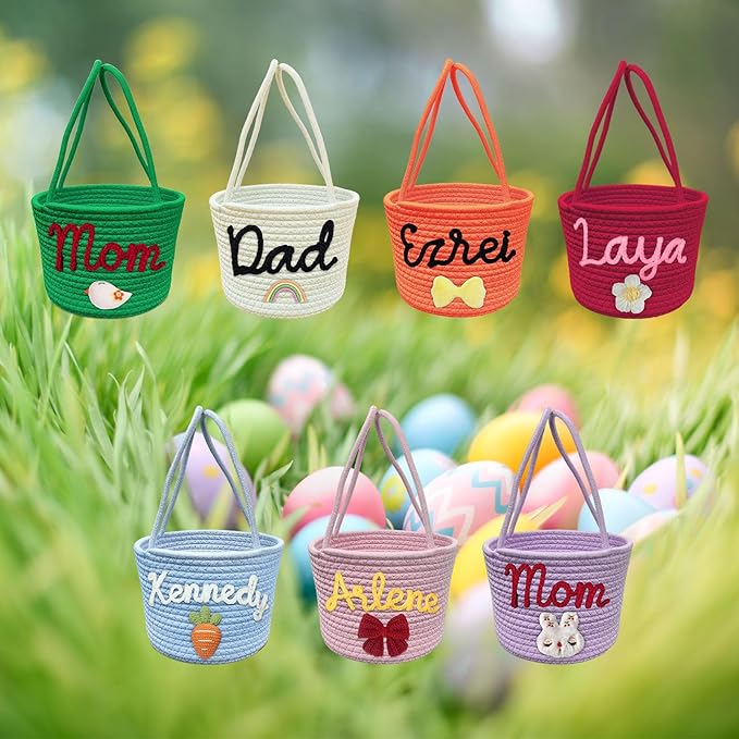 Personalized Easter Basket for Boys Girls Custom Name Baskets with Handle Woven Rope Rabbit Eggs Bucket Gifts