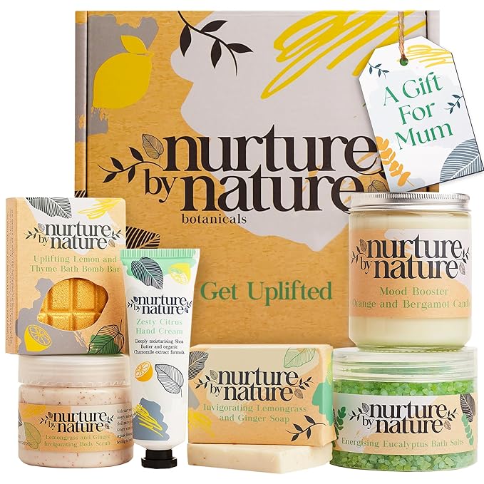 Nurture by Nature RELAX & UPLIFT Spa Kit for Women – Birthday Gifts for Women – 6 Piece Gift Basket with Hand Soap, Body Scrub, Hand Cream & More - Vegan Self Care Kit - Relaxation Gifts for Her