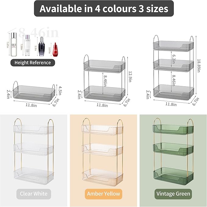 3 Tier Bathroom Organizer Countertop Makeup Perfume Tray Skincare Organizer for Bathroom Dresser Vanity (Grey)