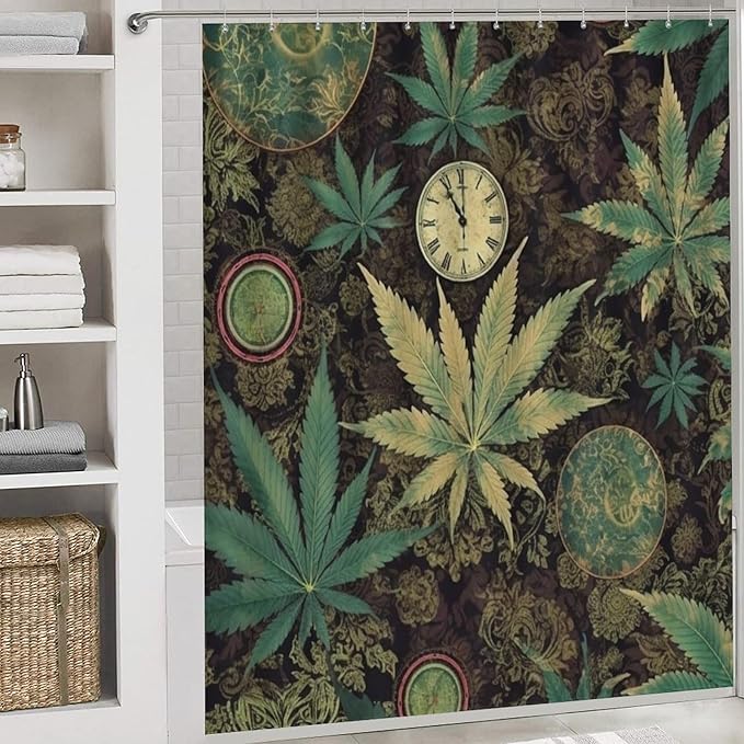 A Puff in Time Weed Marijuana 4 Piece Bathroom Set with Shower Curtain - Includes Bath Mat U-Shaped Mat Toilet Lid Cover and Waterproof Curtain Non-Slip Mat
