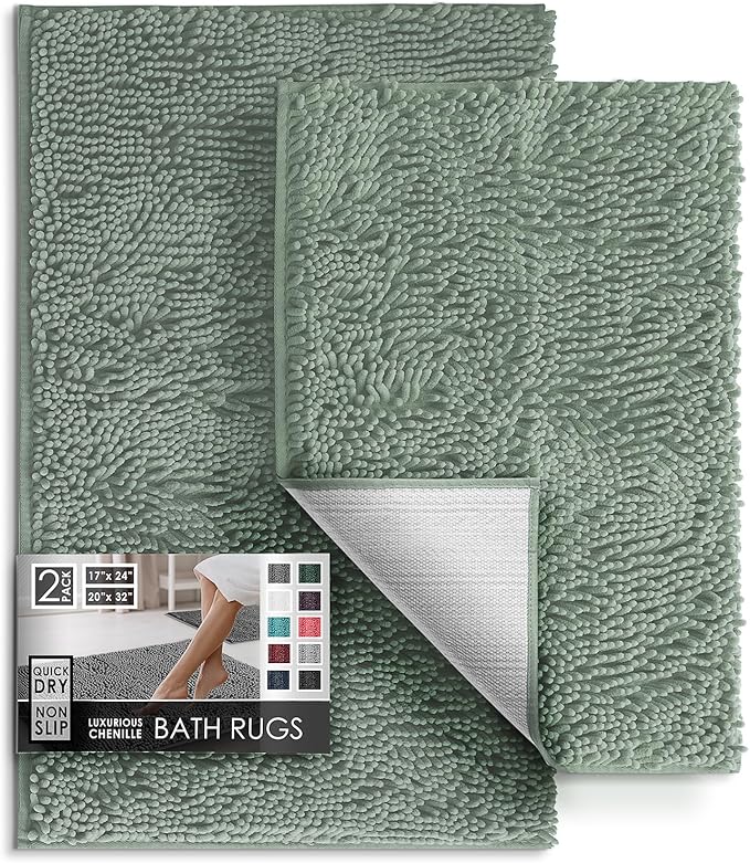 Hearth & Harbor Bathroom Rugs, Chenille Bath Mat - Machine Washable Bath Mats for Bathroom Non-Slip Backing Rubber, Quick Dry Bathroom Mat, 17 x 24 + 20 x 32 - Ice Green