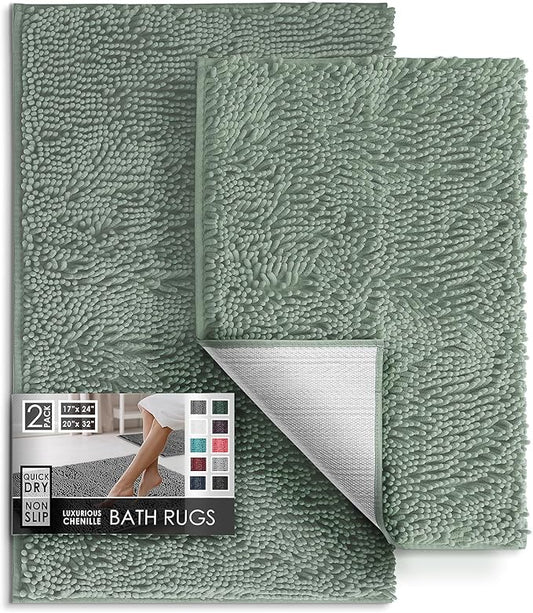 Hearth & Harbor Bathroom Rugs, Chenille Bath Mat - Machine Washable Bath Mats for Bathroom Non-Slip Backing Rubber, Quick Dry Bathroom Mat, 17 x 24 + 20 x 32 - Ice Green