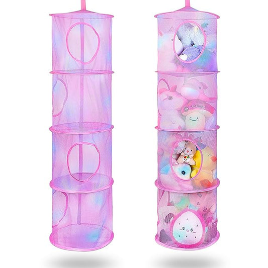 Basumee Stuffed Animals Net or Hammock 2 Pcs Stuffed Animals Storage Toy Net Hammock for Plushies Storage Organizer Mesh Kids Girls Room Decor, Pink, 4 Tiers