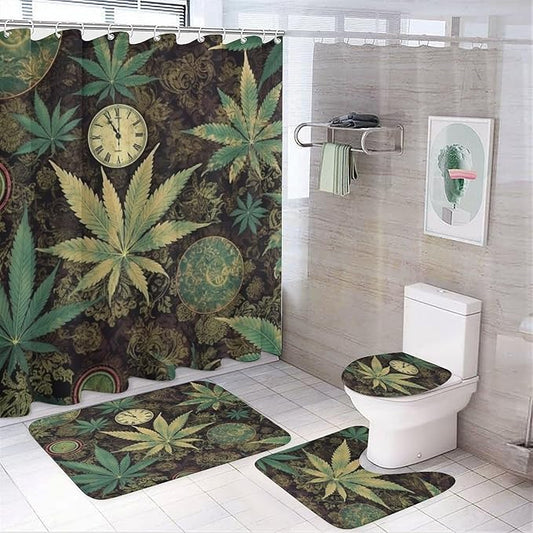 A Puff in Time Weed Marijuana 4 Piece Bathroom Set with Shower Curtain - Includes Bath Mat U-Shaped Mat Toilet Lid Cover and Waterproof Curtain Non-Slip Mat