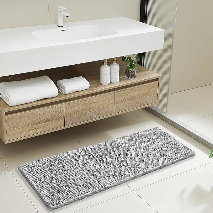 Gray Bathroom Rugs 17"x47" - Plush Chenille Non-Slip Runner Bath Mat - Absorbent, Washable, Soft Decor for Shower, Sink, Tub, Kitchen, Home Accessories