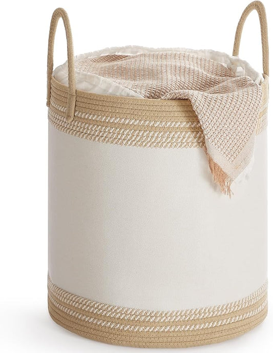 SONGMICS Laundry Hamper, Cotton Rope Laundry Basket with Handles, for Clothing, Living Room, Bedroom, 15.8 Gallons, 16.1 x 16.1 x 18.1 Inches, Cloud White and Camel Brown URLH060K01