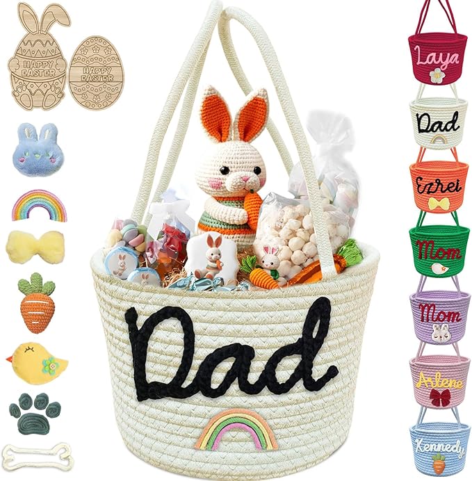 Personalized Easter Basket for Boys Girls Custom Name Baskets with Handle Woven Rope Rabbit Eggs Bucket Gifts