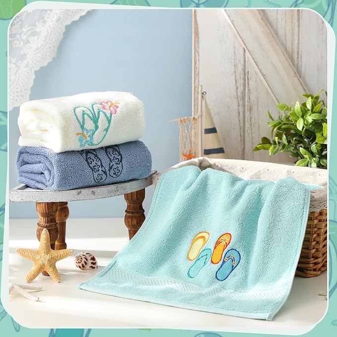 3 Pack Coastal Hand Towels for Bathroom 100% Cotton Embroidered Beach Bathroom Towels 13.78 x 29.53 Inch Soft Absorbent (Flip Flops)