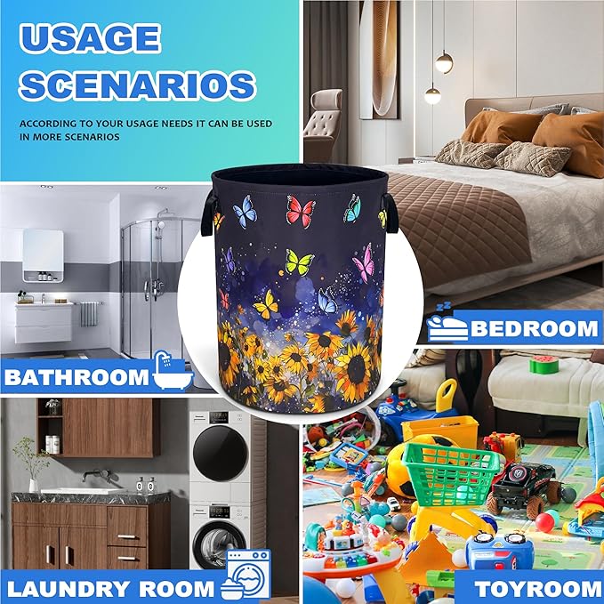 Colorful Butterfly Sunflower Laundry Basket Oxford Cloth Laundry Hamper With Handle Foldable Portable Clothes Storage Basket 18.9 X 16.5 In Storage Bag For Laundry Room/Bathroom/Bedroom/Dormitories