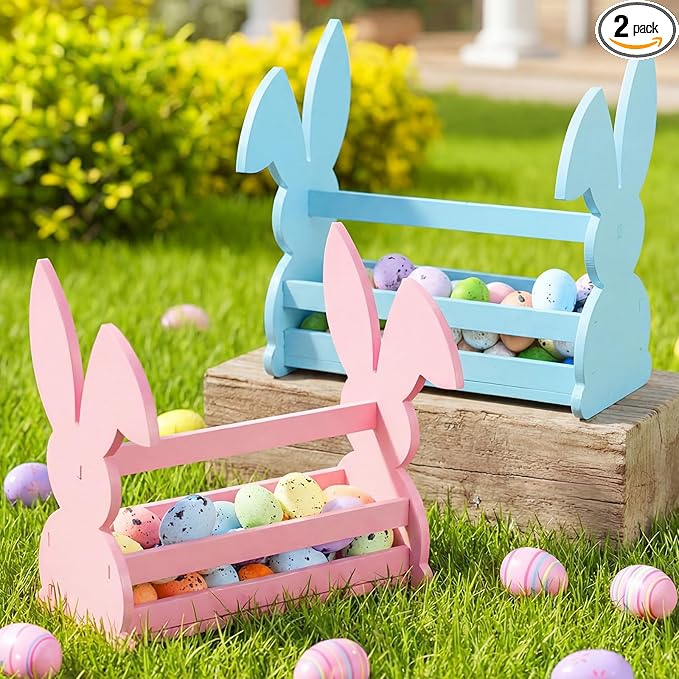 Yookeer 2 Pcs Wood Bunny Easter Baskets with Handle, Cute Easter Rabbit Candy Eggs Basket Empty Hunt Container Storage for Gifts, Pink and Blue