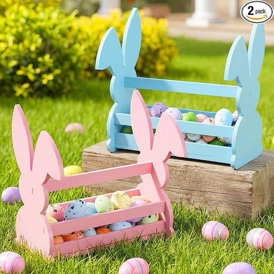 Yookeer 2 Pcs Wood Bunny Easter Baskets with Handle, Cute Easter Rabbit Candy Eggs Basket Empty Hunt Container Storage for Gifts, Pink and Blue