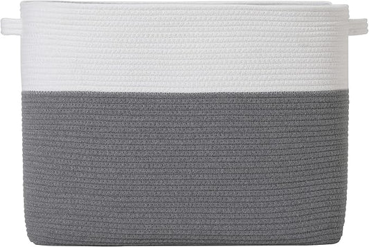 20"x12"x16" Mega Size Rectangular Extra Large Storage Basket, Rectangular Cotton Rope Storage Baskets, Woven Laundry Hamper, Cloth Storage Bin, for Clothes Blanket in Living Room, Grey Basket