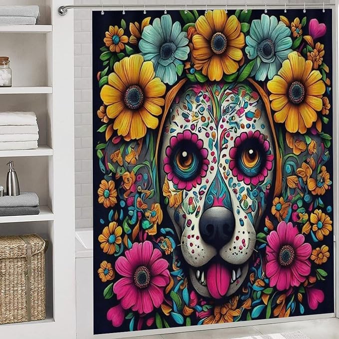 4 Pc Day Dead Dog Sugar Skull Flower Art Shower Curtains + Tub Shower Bath Rug Set, Water Repellent Spa Curtain Absorbent Shaggy Rugs