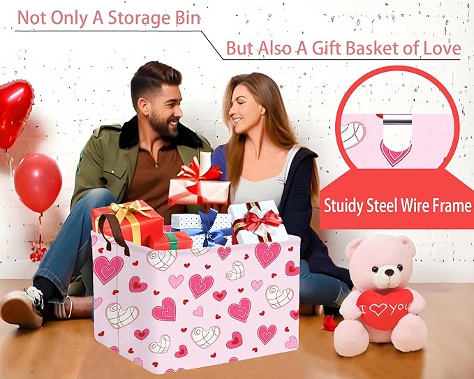 Large Valentine's Day Basket Heart Shaped Storage Bin for Gifts Collapsible Organizer Room Decor (Pink Bottom Lines White Love)