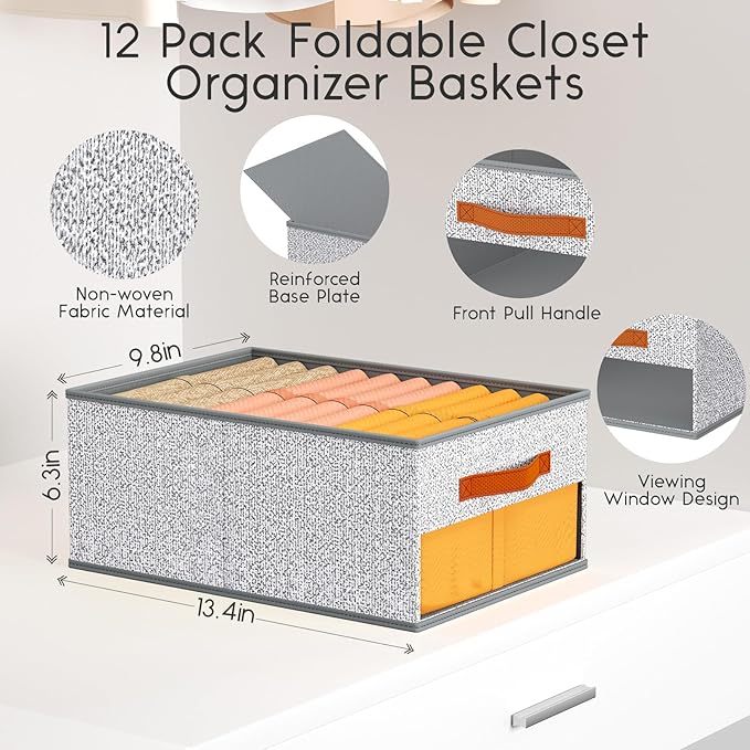 Closet Organizers and Storage - 12 Pack Storage Bins Baskets for Organization Foldable Closet Organizer with Clear Window & Handles for Clothes, Toys, Towels, Small Essential(Ant Light Gray)
