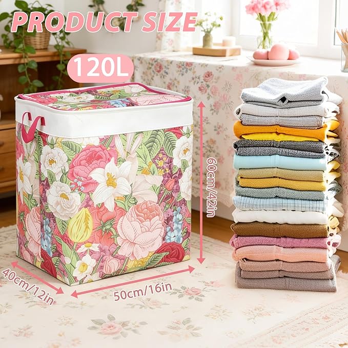 120L Extra Large Laundry Basket with Lid & Handles, Cottagecore Flower Collapsible Laundry Hamper, Waterproof Oxford Cloth Storage Basket for Laundry Room Organization