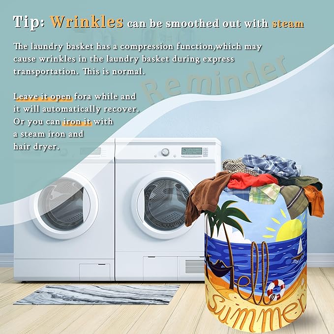 Hello Summer Laundry Hamper Colorful Beach Happy Holiday Laundry Basket With Handles Foldable Oxford Cloth Portable Funny Tote Bag Clothe Toy Storage Bucket 18.9x16.5Inch For Bathroom/Laundry/Bedroom