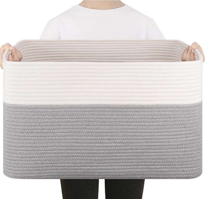 75L Large Blanket Basket, Toy Basket Bin for Kids, Cotton Rope Woven Storage Baskets for Living Room, Bedroom, Nursery, Baby Room Decorative Organizer, 22''×17''×12'', Grey and White