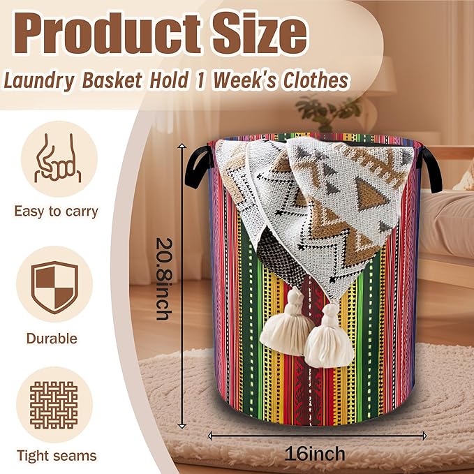 Mexican Laundry Basket,Ethnic Stripes Rainbow Laundry Hamper Waterproof Oxford Cloth Tote Collapsible,Clothes Storage Bucket Decorative Toy Organizer For Bathroom Bedroom 16" x 20.8"