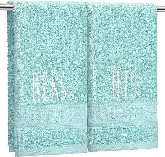2 Pcs His and Hers Hand Towels 100% Cotton Embroidered Bathroom Towel Wedding Gift for Valentine's Day Couple, Anniversary Bathroom Decor 29 x 13 Inch