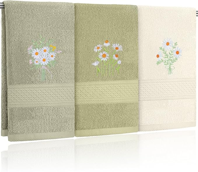 3 Pcs Daisy Floral Hand Towels Daisy Flowers Boho Bathroom Decor 14x29 Inch Cottage Core Embroidered Decorative 100% Cotton Soft Absorbent Hand Towels for Bathroom Kitchen