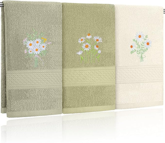3 Pcs Daisy Floral Hand Towels Daisy Flowers Boho Bathroom Decor 14x29 Inch Cottage Core Embroidered Decorative 100% Cotton Soft Absorbent Hand Towels for Bathroom Kitchen