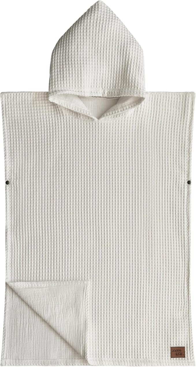 Jade&Kai Hooded Towel for Kids | Snaps into a Poncho | Organic Cotton Waffle | Lightweight and Absorbent | Bath, Beach, and Pool | Multiple Colors | (Medium (3-6 Yrs), Lily White)