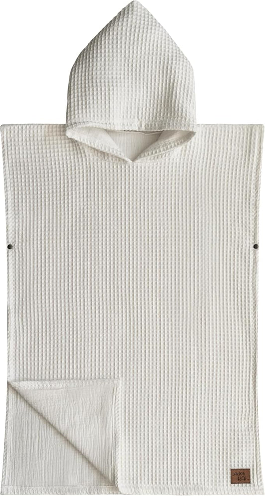 Jade&Kai Hooded Towel for Kids | Snaps into a Poncho | Organic Cotton Waffle | Lightweight and Absorbent | Bath, Beach, and Pool | Multiple Colors | (Large (6-10 Yrs), Lily White)