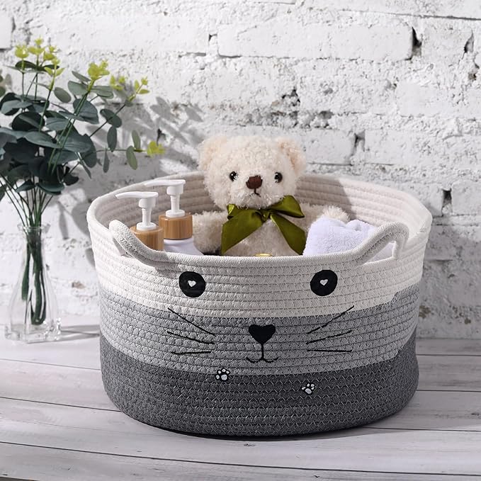 Zopeal Cat Basket Storage Woven Organizer with Ears Christmas Decorative Pet Toy Cute Cotton Rope Basket for Gift Cat Dog Toy Bin Nursery Room(13.7 x 7.8 Inch,White, Light Gray, Dark Gray)