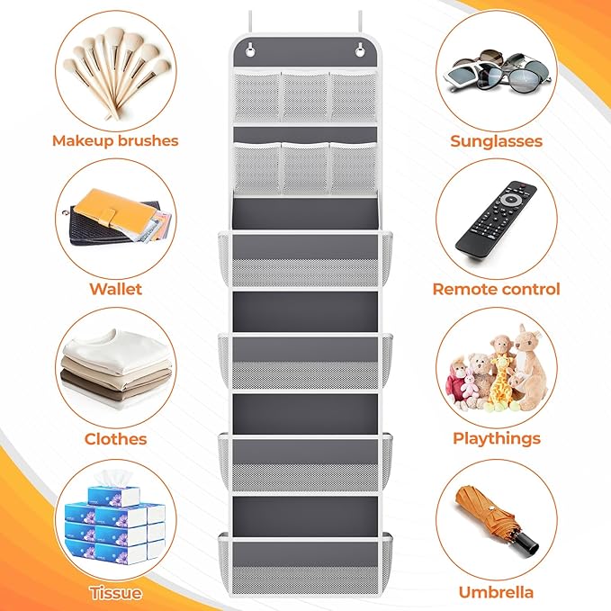 6-Tier Over The Door Organizer with Mesh Pockets, Baby Nursery Storage for Closet, Bathroom and Bedroom, Adjustable Hanging Closet Organizer for Cosmetics, Books and Essentials（Dark Grey）