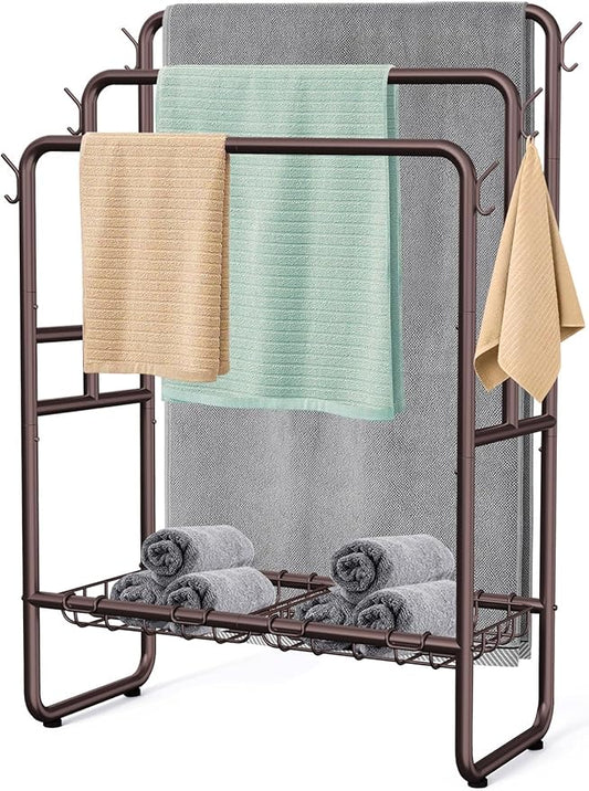 40" H Free Standing Towel Rack with 2 Storage Baskets & 6 Hooks, 3 Tier Silver Metal Towel Stand for Extra Large Towel, Modern Industrial Blanket Ladder Display and Drying Rack for Bedroom Bathroom