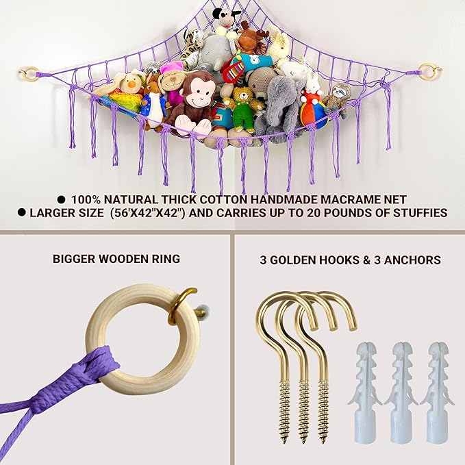 Large Stuffed Animal Hammock Corner - Stuffed Animal Storage - 100% Natural Cotton Macrame Stuffed Animal Net - Stuff Animal Organizer - Net For Stuffed Animals Corner Large - Purple