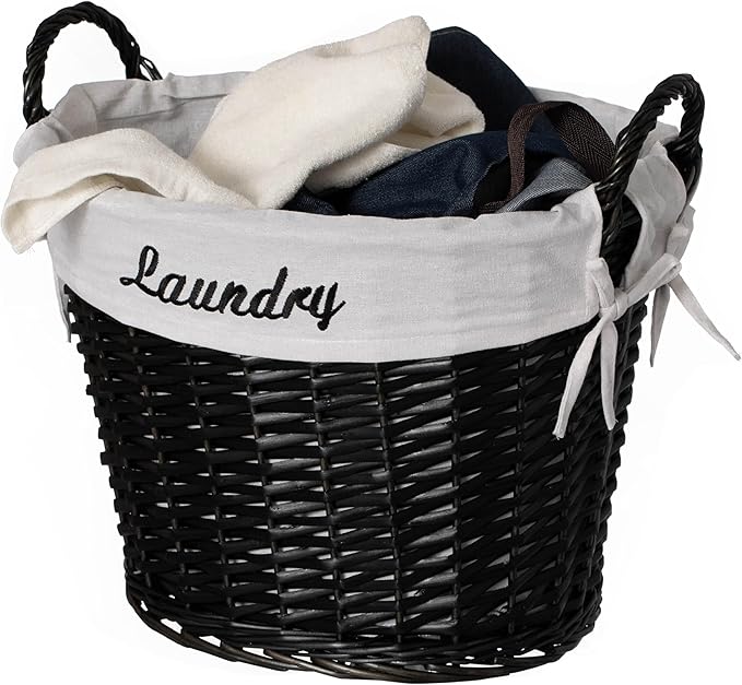 Wickerwise Handwoven Laundry Basket with Liner & Handles - Boho Decorative Storage Hamper for Clothes Blankets Pillows and Towels - Ideal for Laundry Room Bathroom Bedroom and Living Room, Black