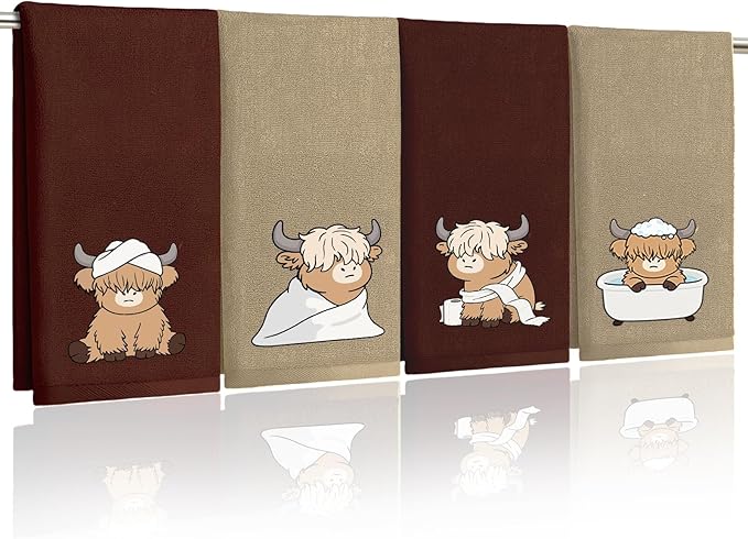 4 Pcs Highland Cow Hand Towels Cattle Embroidered Towel - 29" x 13.3" Soft Cotton Bathroom Towel Set Western Bath Towels Farmhouse Bathroom Decor Highland Cow Kitchen Decor Cute Housewarming Gift