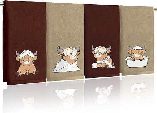 4 Pcs Highland Cow Hand Towels Cattle Embroidered Towel - 29" x 13.3" Soft Cotton Bathroom Towel Set Western Bath Towels Farmhouse Bathroom Decor Highland Cow Kitchen Decor Cute Housewarming Gift