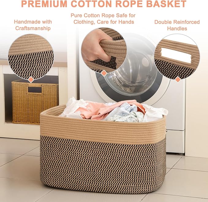 75L Large Blanket Basket, Toy Basket Bin for Kids, Cotton Rope Woven Storage Basket for Living Room, Bedroom, Nursery, Baby Room Decorative Organizer, 22''×17''×12'', Brown & Black