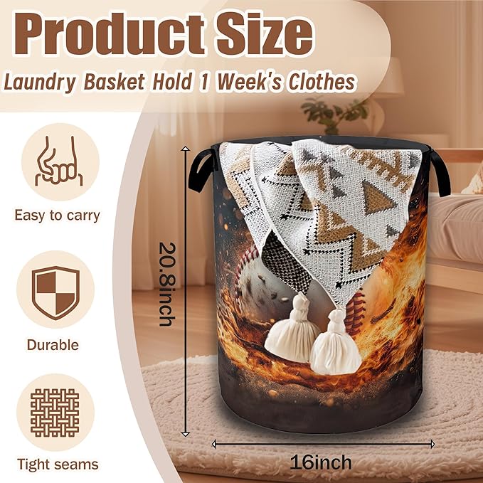 Sport Baseball Ball In Fire Laundry Hamper, Collapsible Laundry Baskets Waterproof Oxford Cloth With Handles,Clothes Storage Bucket Toy Organizer For Bathroom/Nursery/Bedroom 16" x 20.8"