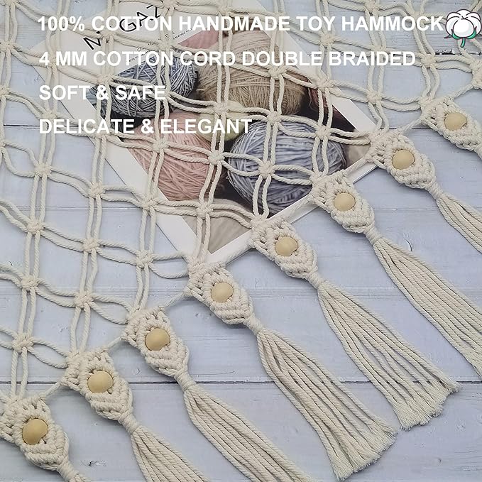 Large Stuffed Animal Net or Hammock, Boho Macrame Toy Hammock with LED Lights, Decorate Room Space Saving Pet Net for Stuffed Animals, Suitable for Nursery, Playroom, Kids Bedroom