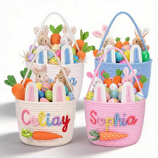 Personalized Easter Baskets for Girls, Boys Cute Bunny Custom Easter Basket with Embroidered Name for Egg Hunts Woven Cotton Rope Tote in 2 Sizes Easter Gifts for Kids