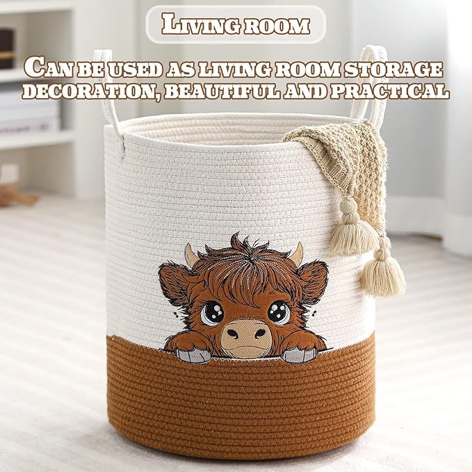 Honeydak Highland Cute Cow Laundry Hamper Brown Tall Cotton Rope Laundry Basket Hamper Large Cow Girly Nursery Basket Storage for Blanket Toys Clothes Organization in Bedroom Bathroom