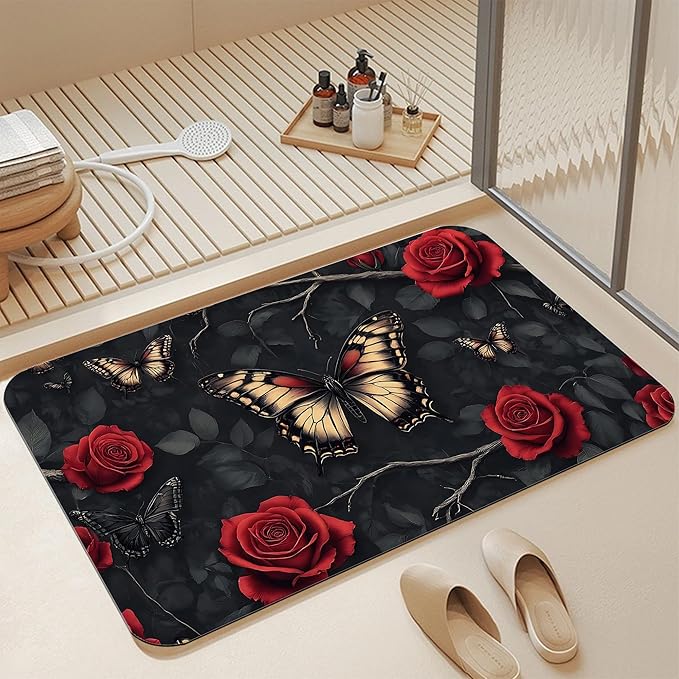 Gothic Butterfly Bathroom Rugs, Non Slip Quick Dry Red Rose Flower Bath Mats for Bathroom, Super Absorbent Diatomaceous Bathmat for Home Kitchen Thin Floor Doormat 17 X 29.5 Inch