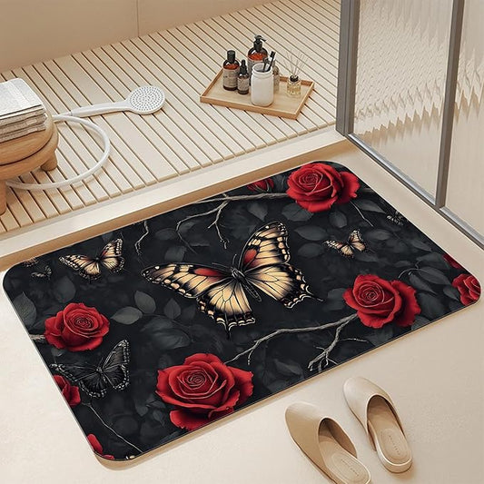 Gothic Butterfly Bathroom Rugs, Non Slip Quick Dry Red Rose Flower Bath Mats for Bathroom, Super Absorbent Diatomaceous Bathmat for Home Kitchen Thin Floor Doormat 17 X 29.5 Inch