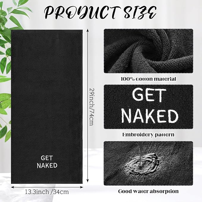 2 Pcs Get Naked Hand Towels 100% Cotton Embroidered Bathroom Towel Modern Decorative Housewarming Gifts, Funny Bathroom Decor 29 x 13 Inch (Black)